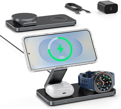 Station de Charge 3-en-1 pour Samsung, Chargeur sans Fil magnétique Pliable 15W Compatible pour Galaxy S25/S24/S23 et Z Fold/Flip, Galaxy Watch & écouteurs Buds-Gris foncé