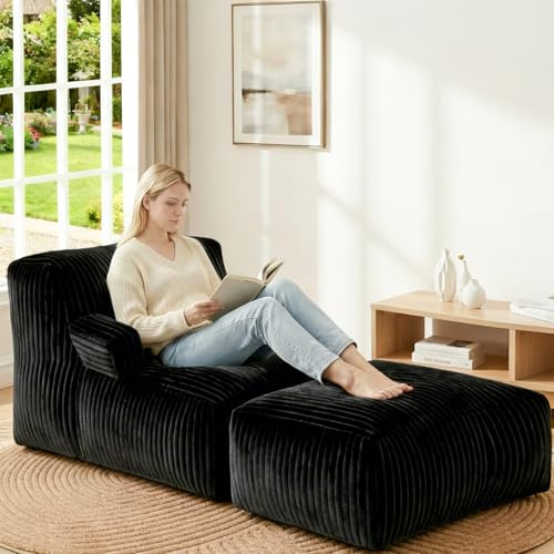 Bean Bag Chair - Large Bean Bag Loungers Chairs for Adults, Teens, and Children.Bean Bag Sofa with Memory Foam Filled and Armrests for Living Rooms, Bedroom, Dorm, or Balcony (Stripe Black)