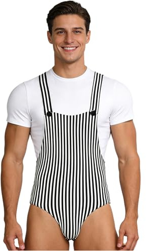 ranrann Men's Striped Overalls Look Romper Sleepwear Buttoned Crotch Soft Homewear for Men Black White Large