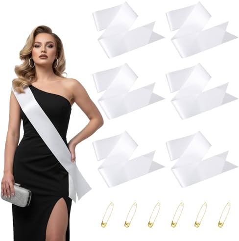 6 Pcs White Blank Sash DIY Senior Bride Pageant Satin Sashes with Safety Pins, Custom Plain Satin Sash for Pageants Diy Personalized Sashes for Birthday Party Graduation Wedding Bridal Shower