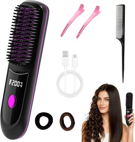 Glättbürste Kabellos, Stylingbürste für Kurze Haare, Glättbürste mit LED-Anzeige, Stylingbürste 3 Temperaturstufen, Elektrische Haarbürste, für Reisen und Täglichen Gebrauch