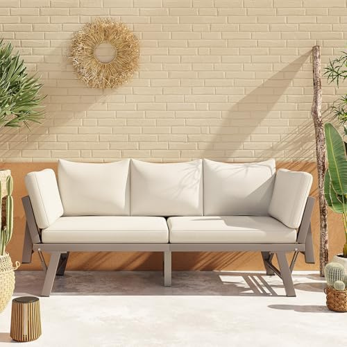 Merax Gartenmöbel 3 Sitzer, Gartensofa mit klappbaren Armlehnen und Auflagen, Sonnenliege Gartenliege aus verzinktem Stahl, Loungesofa für Balkon Terrasse Garten, Beige