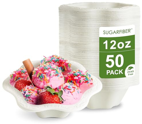 [50 COUNT]12oz Compostable Floral White Paper Bowls, Scalloped Party Bowls, Eco Friendly Plastic-Free ice cream Bowl, Acanthus Natural Sugarcane Disposable Bagasse Bowls for Dessert, New Version