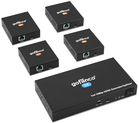 gofanco 1080p 1x4 HDMI Extender Splitter Over CAT5e/6/7 Ethernet Cable - Up to 165ft (50m), HDMI Local Loopout, PoC, EDID, IR Extension, 5.1/7.1ch Audio, Mountable, 1 in 4 out (HDExt4P-Pro, v2.0)