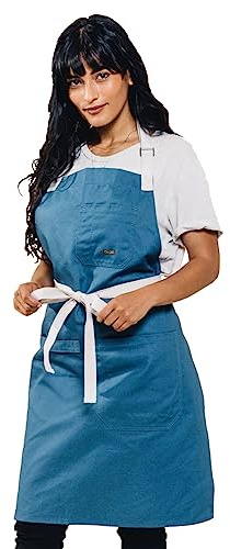 Caldo Daily Cotton Kitchen Apron for Cooking - Mens and Womens Professional Chef or Server Bib Apron - Adjustable Straps with Pockets and Towel Loop (Vintage Blue)