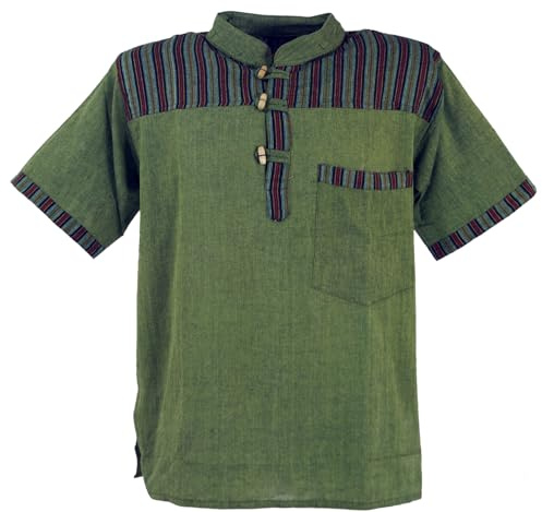 GURU SHOP Nepal fiskarskjorta, randig goa hippie kortärmad skjorta, män, bomull, skjortor alternativa kläder, OLIV, XL
