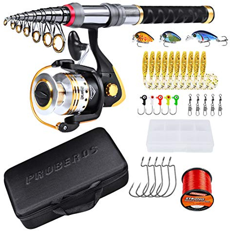 PROBEROS Angelrolle Angelrute Combo Set Teleskopstange & Spinnrolle Kit mit Angelköder Haken Tasche Notwendiges Angelzubehör,1.8M