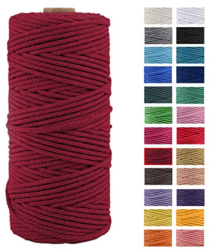 JeogYong Naturliches Baumwolle Garn, Baumwollgarn Makramee-Seil Weiches Baumwoll-Seil, zum Wandbehänge, Pflanzenhalter, Basteln, Heimtextilien, Geschenkverpackung 3mm x 109 Yards (Weinrot)