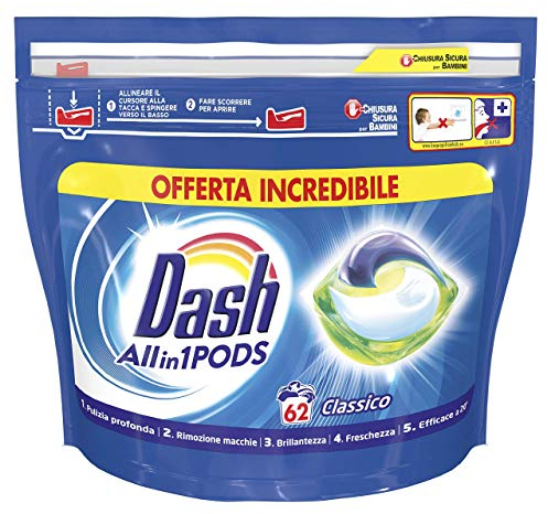 Dash Pods All in 1 Detersivo Lavatrice in Capsule, 62 Lavaggi, Classico, Maxi Formato, Rimuove le Macchie, Brillantezza Per Tutti I Capi, Efficace Anche a Bassa Temperatura