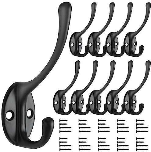 Bolatus Coat Hook Black Vintage, Antique Hat Wall Mounted Hook Heavy Duty Double Coat Hooks with 40 Screws for Bathroom Bedroom Fitting Room, 10 Pcs, Matte Finish