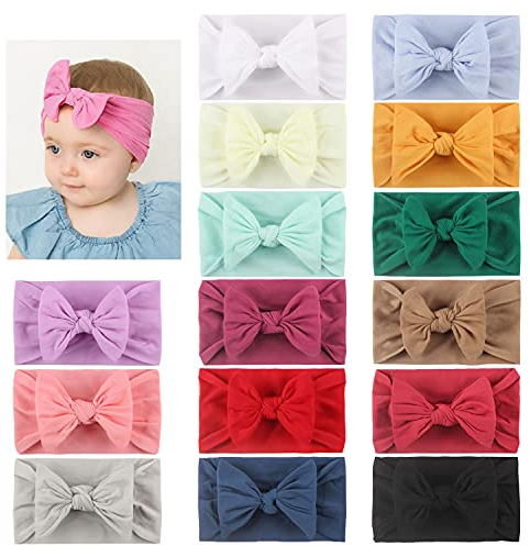 15 Stück elastische dehnbare superweiche Nylonschleifen Topknot breite einfarbige Haarbänder Schleifen Knoten Turbanen Headwraps Haarschleifen Zubehör für Kinder Kleinkind Neugeborene Baby Mädchen