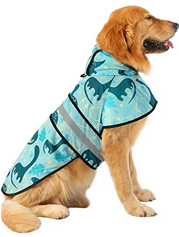 HDE Hunde-Regenmantel mit Kapuze, Zupfponcho für kleine bis große Hunde und Welpen, Dinosaurier, L