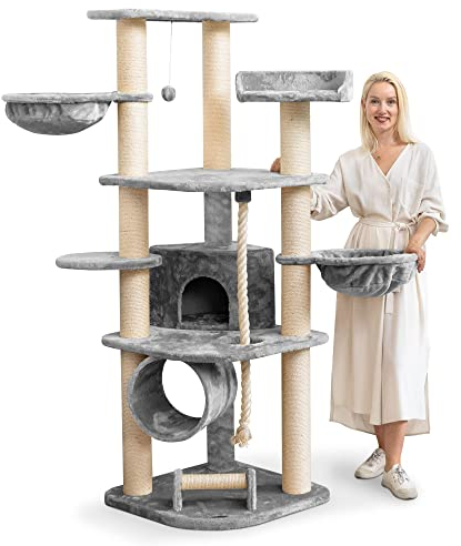 HAPPYPET Großer Kratzbaum Stabil 'Parker' 171 cm - 11 cm Stämme, Haus & Spieltunnel, Große Liegemulden, Kratzrolle, Kletterbaum XXL Katzenbaum für Katzen, Grau