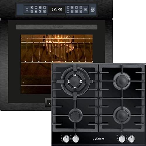 Kaiser Set EH 6306 RS+KCG 6380, Four à encastrer,noir,79L 15 Fkt. Grill Air fryer Full Touch + Table de cuisson à gaz encastrable 60cm, noir verre, Cuisinière encastrable, 3,8kW