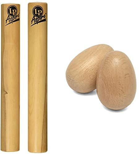 Latin Percussion LP860600 Aspire Claves & TIGER SHA28-NT Wooden Egg Shakers Natural One Pair