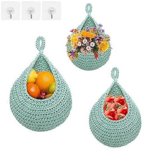 Lot de 3 paniers à fruits à suspendre pour cuisine, panier mural bohème avec crochets pour pots de fleurs tissés à la main, panier décoratif pour légumes, oignons, pommes de terre (vert)