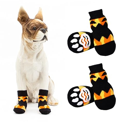 Avaner Kürbis Hundesocke 4 Stücke Hundesocken mit rutschfestem Gummi Pfotenschutz Hohe Elastizität Hundeschuhe Weiche Socken Indoor Antirutschsocken Halloween Kostüm für kleine Hunde Haustiere