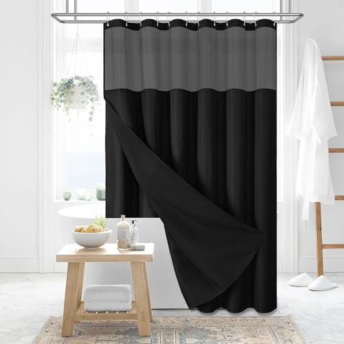 Dynamene - Tenda da doccia in tessuto con attacco a scatto e rivestimento interno, tende da bagno nere a nido d'ape per hotel, set di tende da doccia lavabili, impermeabili, con ganci in plastica