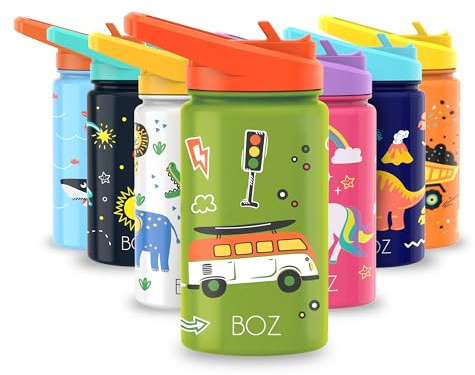 BOZ Isolierte Kinder-Trinkflasche, 414 ml (Autos) | BPA-Frei, Kratzfest mit Tragegriff, Spülmaschinenfest