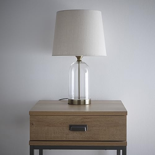 Chelsea Glass Dome Table in Antique Brass with a Natural Linen Lampshade