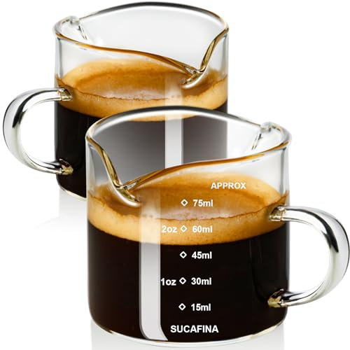 PARACITY Juego de 2 tazas de espresso con asa, taza medidora de vidrio de doble boquilla con doble escala, vaso de chupito espresso con boca en forma de V, jarra de espuma de leche de vidrio