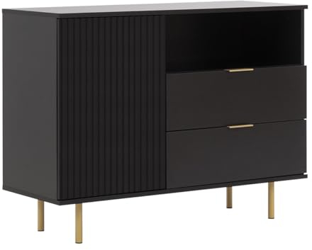 Mirjan24 Kommode Nohes K1D2SZ NE01 mit 3 Schubladen und Tür, grifflose Öffnungssystem, Metallfüße, Schubladen mit Bremse, Kombikommode, Anrichte, Mehrzweckschrank (Schwarz)