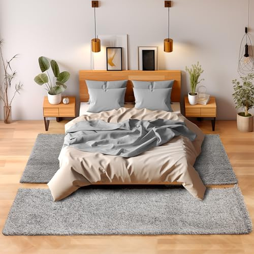SIMPEX Bettvorleger Schlafzimmer Teppich Läufer Flur Teppich Küchenläufer Hochflor 3 Teiliger Set Bettumrandung Einfarbig Modernes Design Soft Flauschig & Extra Weich Farbe: Hellgrau