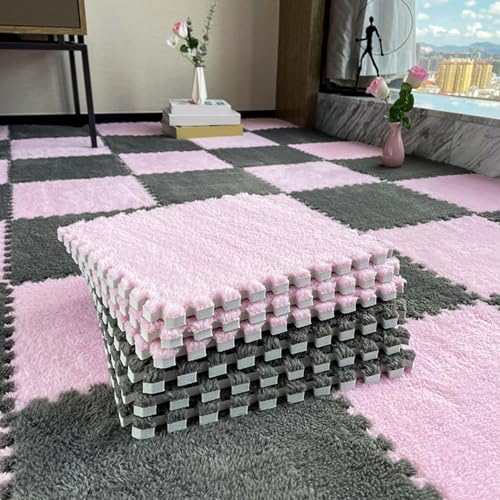 80 Stück Flauschige Spielmatten Mit Rand, Ineinandergreifende Spielmattenquadrate, Plüsch-Puzzle-Teppichfliesen, Schaumstoff-Bodenmatten, 30 X 30 cm(Size:0.39 inch,Color:Grau+Rosa)