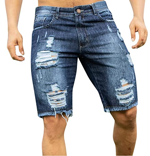 UnoSheng Jeans corti da uomo, vestibilità normale, jeans a coste, pantaloni estivi in denim, taglie corte, comodi, traspiranti, per l'estate, Blu, M