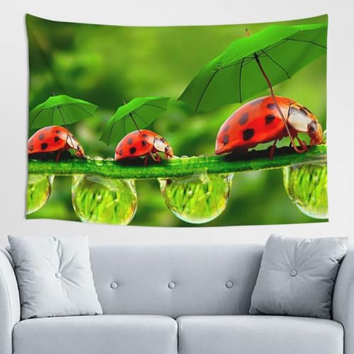 VANANI Lustiger Marienkäfer mit Regenschirmen für Wohnzimmer, Schlafzimmer, Wandteppich, Wanddekoration und einfache Installation. (102 x 152 cm)