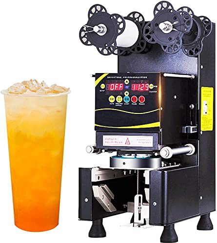 JINGEDD Machine Commerciale de cachetage de Tasse de Lait-thé, Machine entièrement Automatique de cachetage de Tasse pour la Tasse de diamètre de 70/75/88/90/95mm - 400-600 Tasses/h,Black