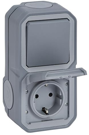 LEGRAND, Plexo New 069746L Wet Room AP Universal Off/Toggle Switch (1-Pole) & Protective Contact Socket (SL) with Hinged Lid IP44-IK07 (Socket), IP55 - IK07 (Switch), Colour: Grey