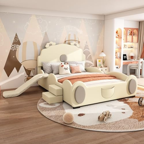 KecDuey Cama Infantil de 140 x 200 cm, con diseño de Dibujos Animados, Cama Individual, Equipada con tobogán y Escalera, Material de Poliuretano, fácil de Limpiar, Bonita Forma, Color Beige
