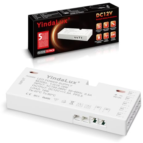 YindaLux LED Trafo 12V - Trafo 230V auf 12V LED 18W, Netzteil-Driver-Treiber, kein LED-Flimmern, kein Transformator-Rauschen Transformatoren für G4 MR16 GU5.3 Halogen Streifen