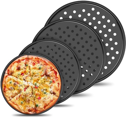 NIHUIFDPY Lot de 4 plaques de cuisson à pizza rondes antiadhésives avec trous perforés - 24 cm, 26 cm, 28 cm, 32 cm - En acier carbone - Pour la maison, la cuisine et le four