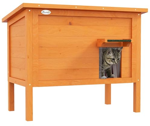 PawHut Casa para Gatos al Aire Libre, casa de Madera aislada para Gatitos con Suelo extraíble, Techo Resistente al Agua, 85 x 50 x 68,5 cm, Color Naranja