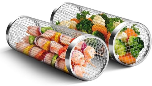 OLHAUYUAN 2Pack 360 rotierende Grillkörbe Grillkorb für Außengrill, Gemüsegrill Rotisserie Korb, Grillnetz BBQ Zubehör für Grillen Geschenk für Männer, Silber