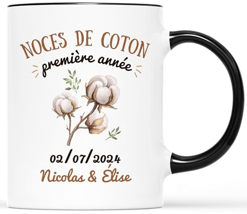 Cadeau Plus Mug Personnalisé Prénom Noces De Coton - Cadeau de Mariage pour Couple, 1 An de Mariage, 1 An Couple, noce de coton, idée cadeau anniversaire mariage (Noir)