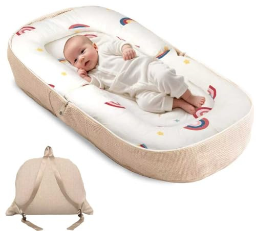 ASCENREST Baby Lounger, Foldable Infant Nest Pillow with Memory Foam Mat, Patterned Cover, Converts to Backpack, 0-12 Months