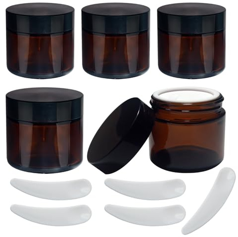 Lot de 5 pots à pommade en verre ambré - 60 ml - Pour crème - Petite boîte avec couvercle - Récipient à échantillons de voyage - Boîte vide en verre ambré pour cosmétiques, lotions, crèmes