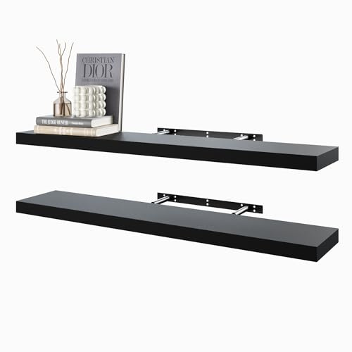 BAMEOS Schwebregale, 80cm Schwarze Wandmontierte Holzregale mit unsichtbaren Klammern, Set von 2, Wanddeko-Deko für Schlafzimmer, Bad, Wohnzimmer und Küche