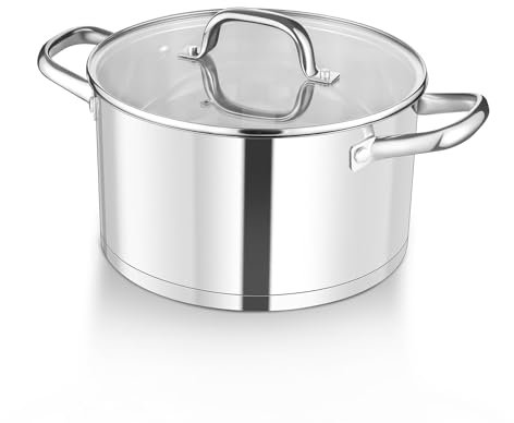 HaWare Stock Pot with Clear Lid, 6L Tri-Ply Bottom Stainless Steel Stockpot for Cooking Pasta & Stewing Soup, Suit for Induction/Electric/Gas/Ceramic, Healthy & Easy Clean - 24cm
