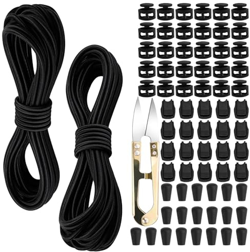 wonkeken 2 piezas cuerda elástica de goma de 10 m, 3 mm, cuerda redonda elástica, cuerda elástica extensible, cuerda de nylon para pulseras con 20 topes de cordón, abrazadera de cordón de 30 agujeros