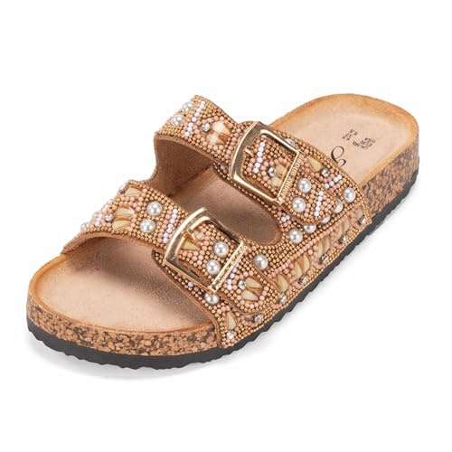 JOMIX Mules Femme avec Strass Sandales avec Boucle été Décontractées pour la Piscine Douche Plage (Marron,39)