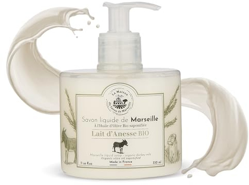 Bio-Flüssigseife Eselsmilch - Duftseife - Mit Oliven- und Arganöl - Hergestellt in der Provence - Feuchtigkeitsspendende Hand- & Körperseife - 300 ml