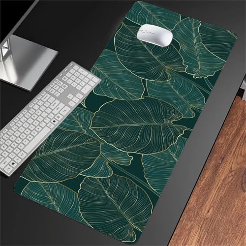 Tapis de Souris de Jeu 800x400x2mm XXL Gaming Mouse Pad Grand Tapis de Bureau sous Main avec Base en Caoutchouc Antidérapante pour Gamer, Personnel de Bureau (Feuilles de Plantes Tropicales)