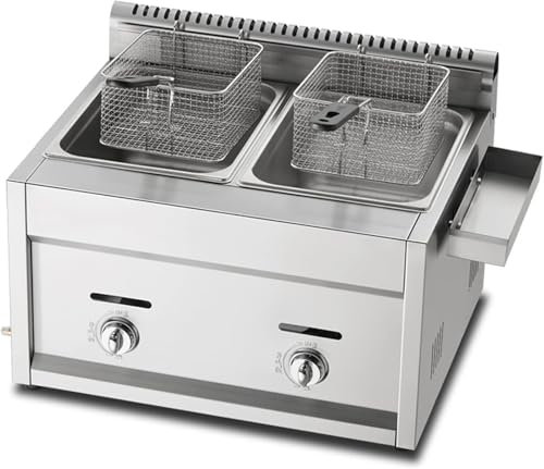 Friteuse à gaz professionnelle commerciale avec paniers amovibles et bac à assaisonnement – Friteuse en acier inoxydable pour frites, beignets, poissons – Puissance de feu réglable.
