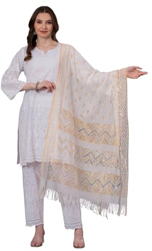 LONIX Women's White Chikankari Kurta Set – Hand Embroidered Cotton Kurti Pant & Dupatta – Elegant Indian Tunic Dress for Summer Weddings Festivals & Daily Wear- Medium