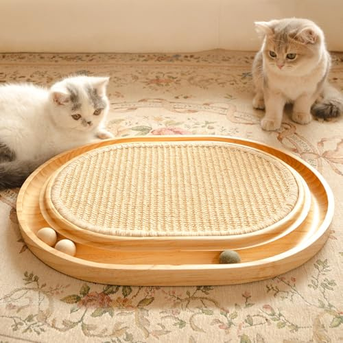 CheerPals Sisal Scratching Board - 2-IN-1 Cat Toy, Solid Pine Wood & Natural Sisal Pad & Catnip Balls - 43x33x3cm Scratching Mat for All Cats to Play and Relax
