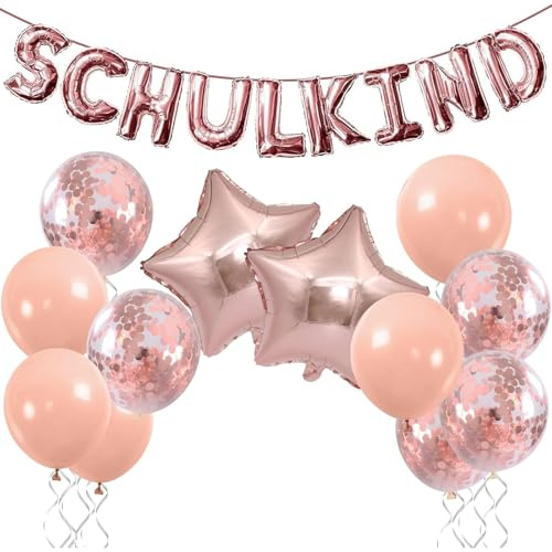 Gleemix Einschulung Deko Mädchen Luftballons Set, 13 Stück Schulanfang Deko Einschulun Mädchen Junge, mit Rosegold Stern Folienballon und Konfetti Luftballons, für Deko Einschulung Schulkind 2026